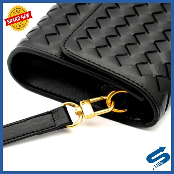 Woven Leather Clutch Purse For Women – Top Handle Handbag  Medium Leather Woven Clutch with Detachable Strap Top Handle Evening Bag